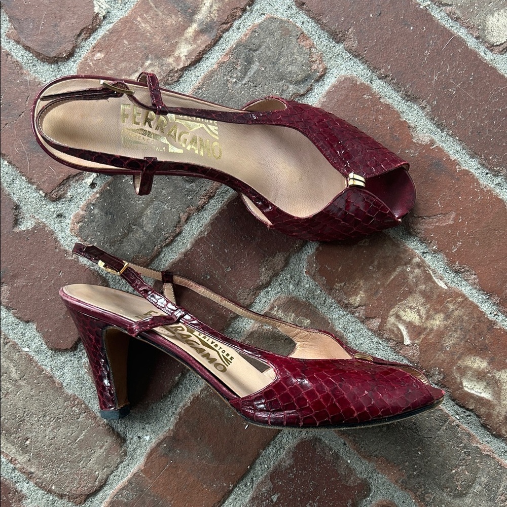Rare Vintage Salvatore Ferragamo Snakeskin Slingback Peep Toe Heels - Picture 1 of 9